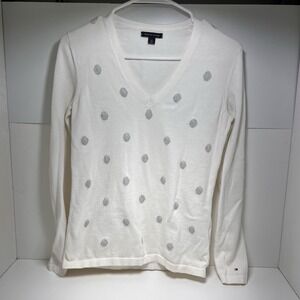 3/$25 SALE! Tommy Hilfiger Sweater Women's S/P White Silver Polka Dots‎ Cotton
